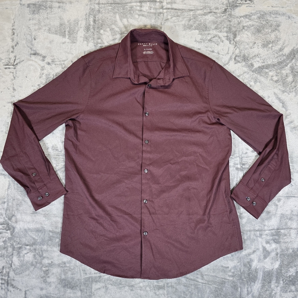 Perry Ellis Motion Button Up Dress Shirt Size XL Maroon Burgundy